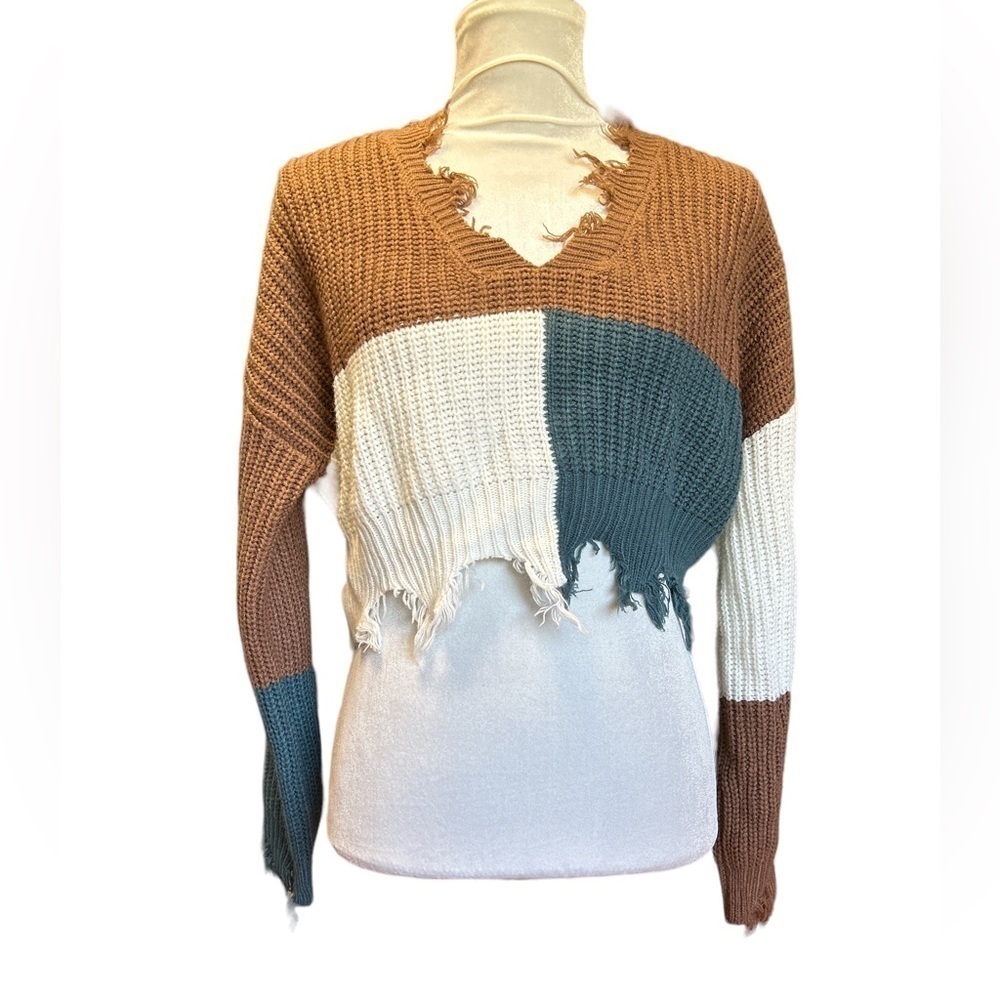 Rue 21 Cropped Color Block Sweater‎ Frayed Edges Size Large Teal Brown Cream